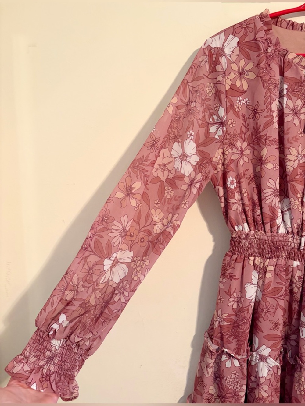 Peach Love California Floral Tie-Neck Elastic Waist Dress in Dusty Rose Sz Large - Picture 4 of 16